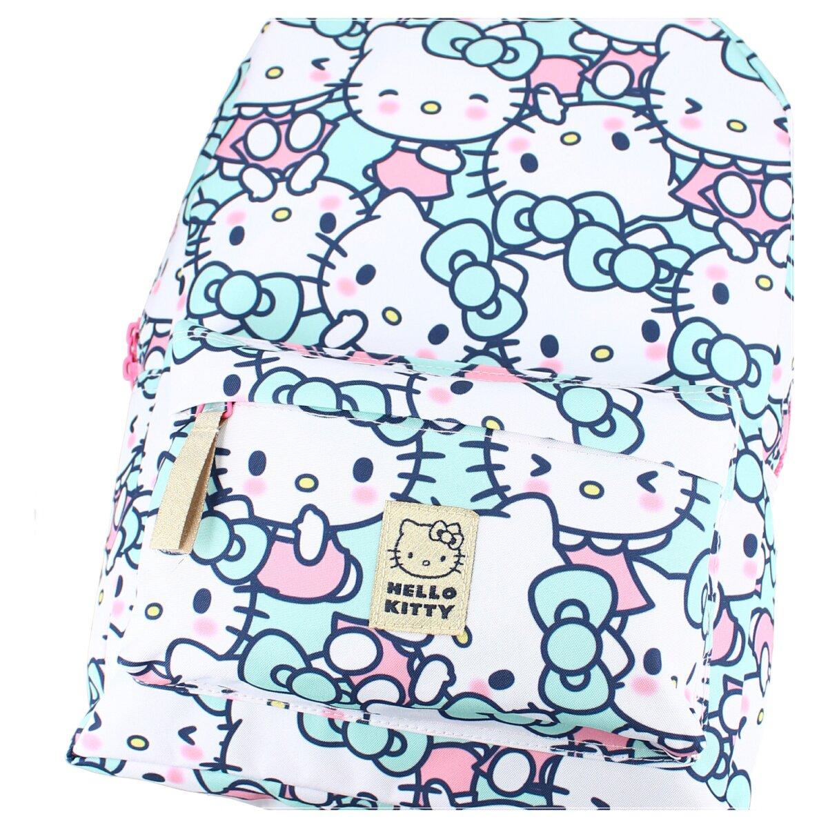 Hello Kitty Rucksack mit sich wiederholenden Bildern, rosa Reißverschluss und Vordertasche.