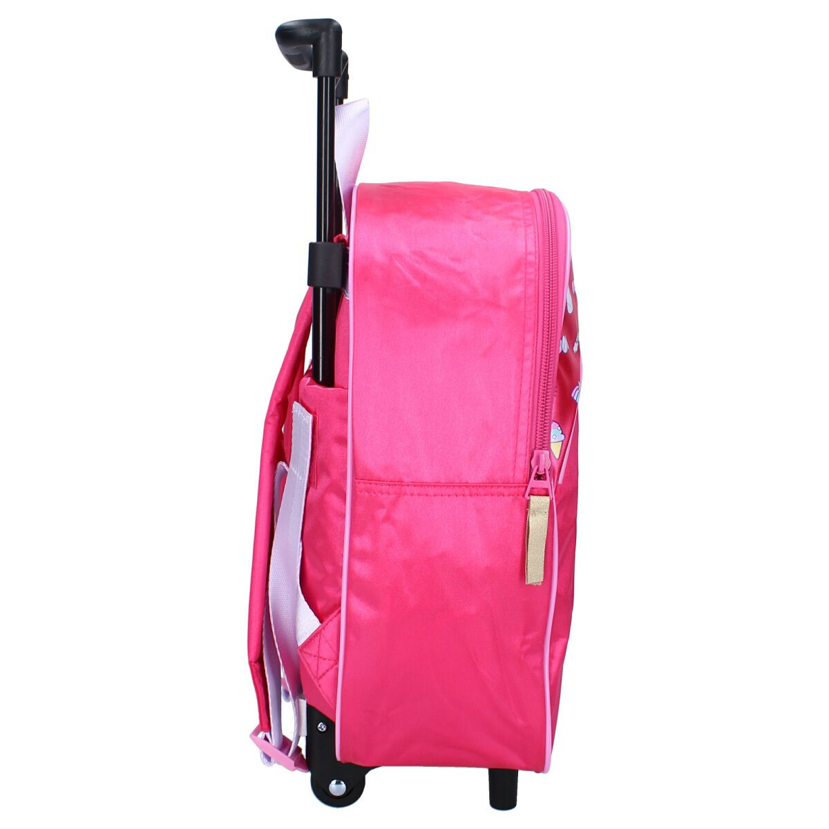 Rosa Rollrucksack mit Seitenansicht, Griff oben und Reißverschluss.