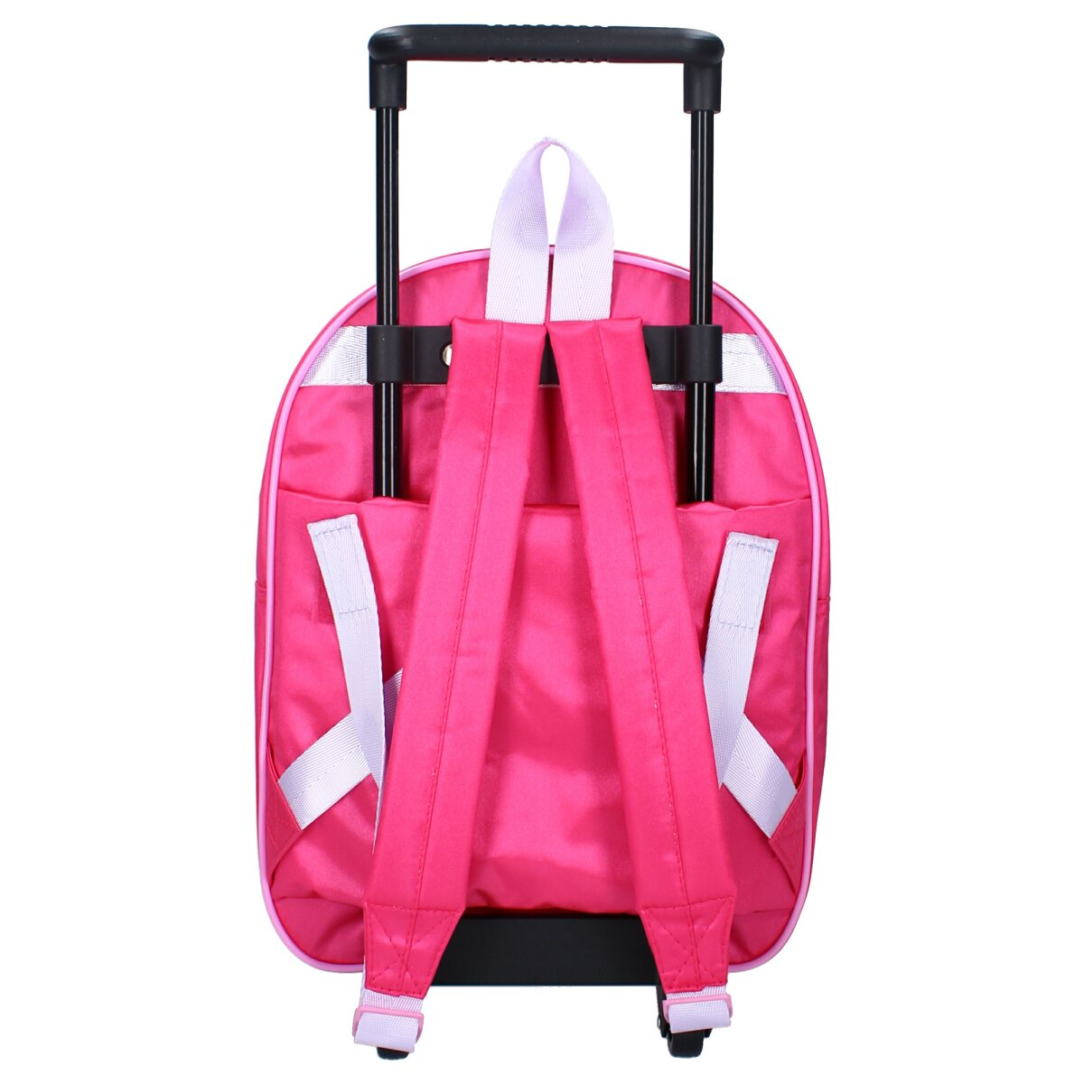 Ein rosa Rollrucksack mit Griff und zwei Schultergurten. Der Rucksack hat reflektierende Streifen und weiße Akzente.