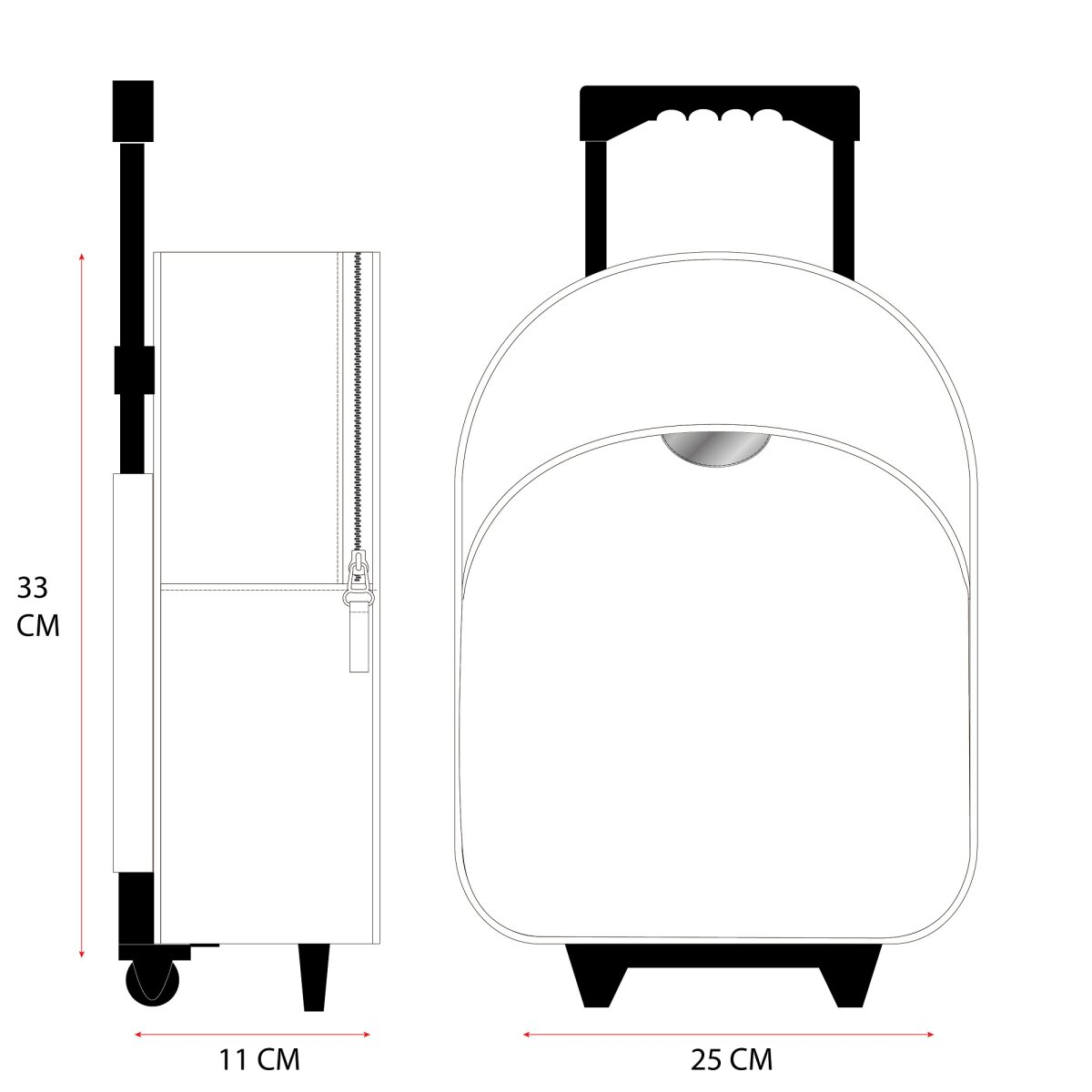 Weißer Rucksack im Cartoon-Stil, Seitenansicht mit Maßen. Schwarzer Griff und Räder unten.
