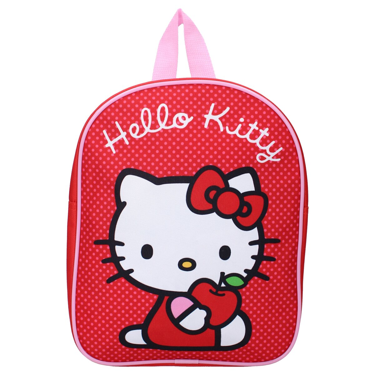 Hello Kitty roter Rucksack mit weißen Punkten. Die Figur hält einen Apfel.