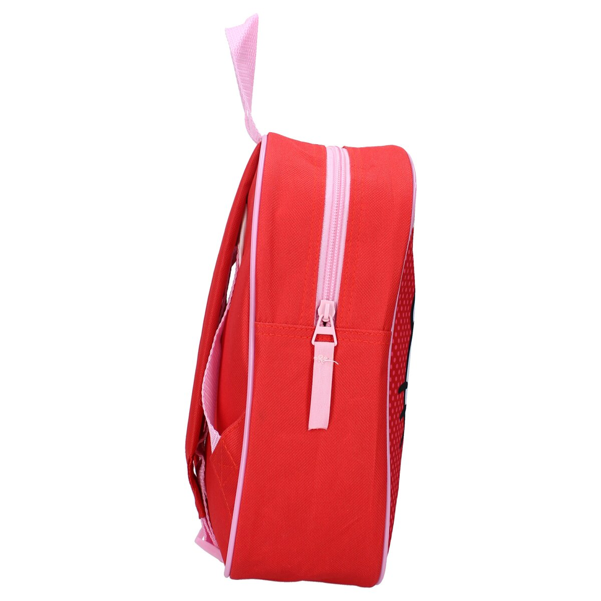 Ein roter Rucksack mit pinkfarbenem Reißverschluss und Griff. Es hat ein Marienkäfer-Design.