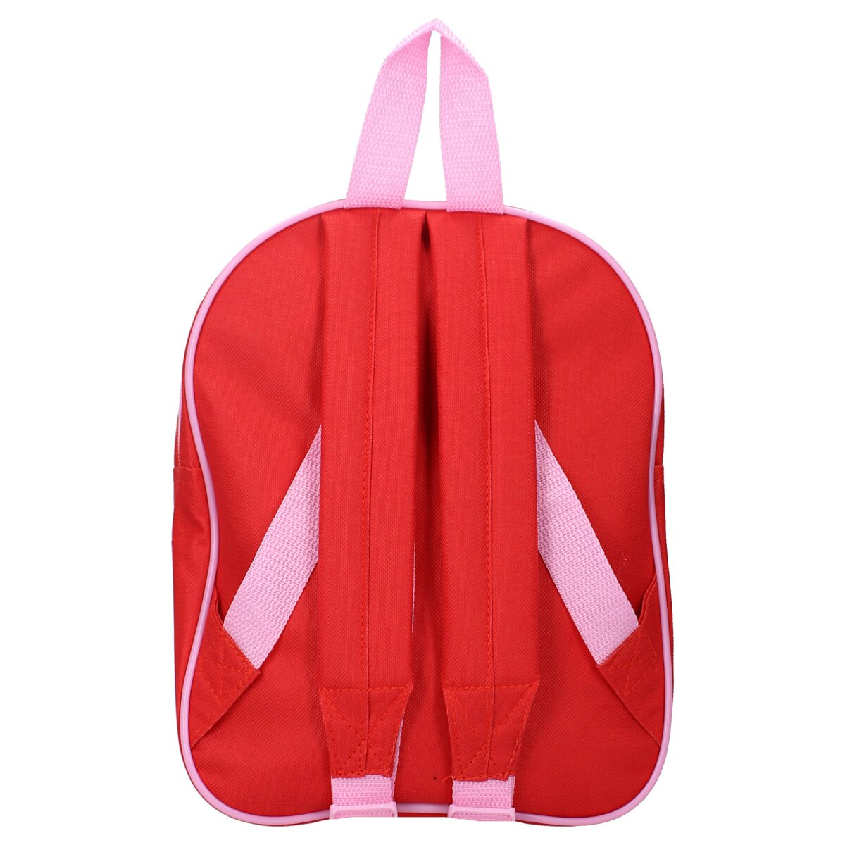 Roter Rucksack mit rosa Trägern und Besatz auf weißem Hintergrund.
