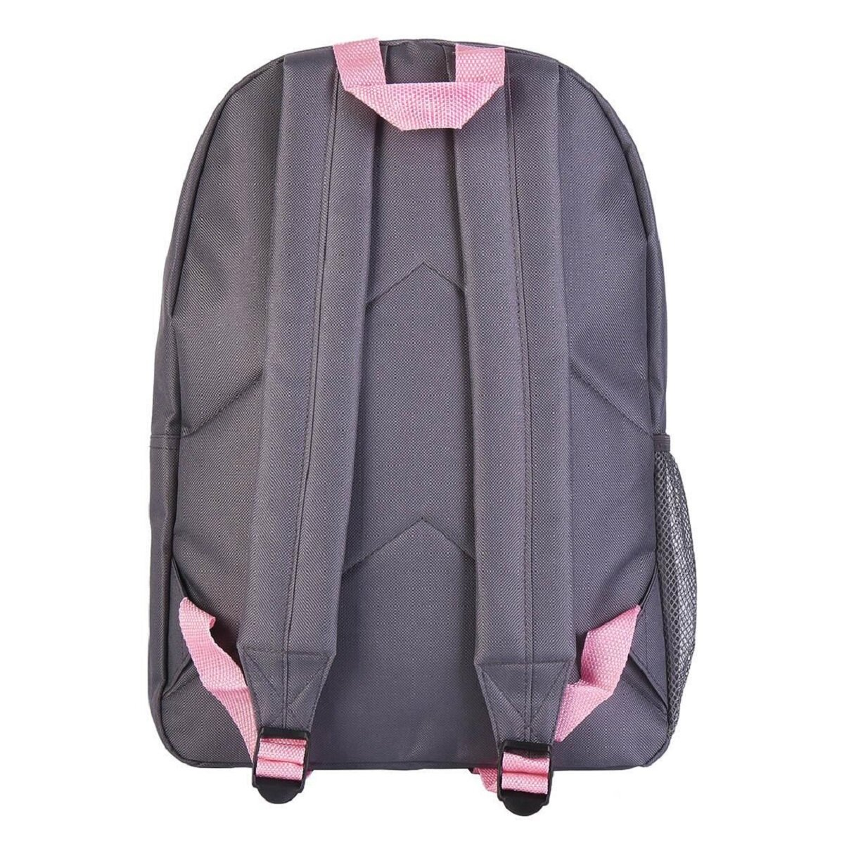Rückansicht eines grauen Rucksacks mit rosa Trägern und Reißverschlüssen.