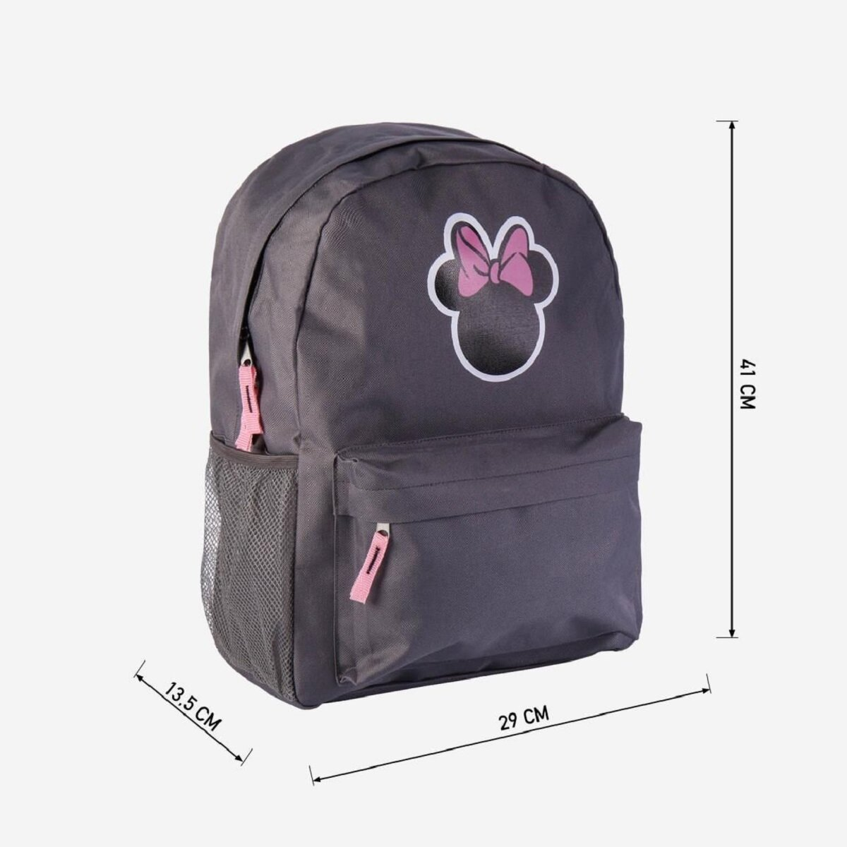 Grauer Rucksack mit Minnie Mouse, rosa Reißverschlüssen und Größenangaben.
