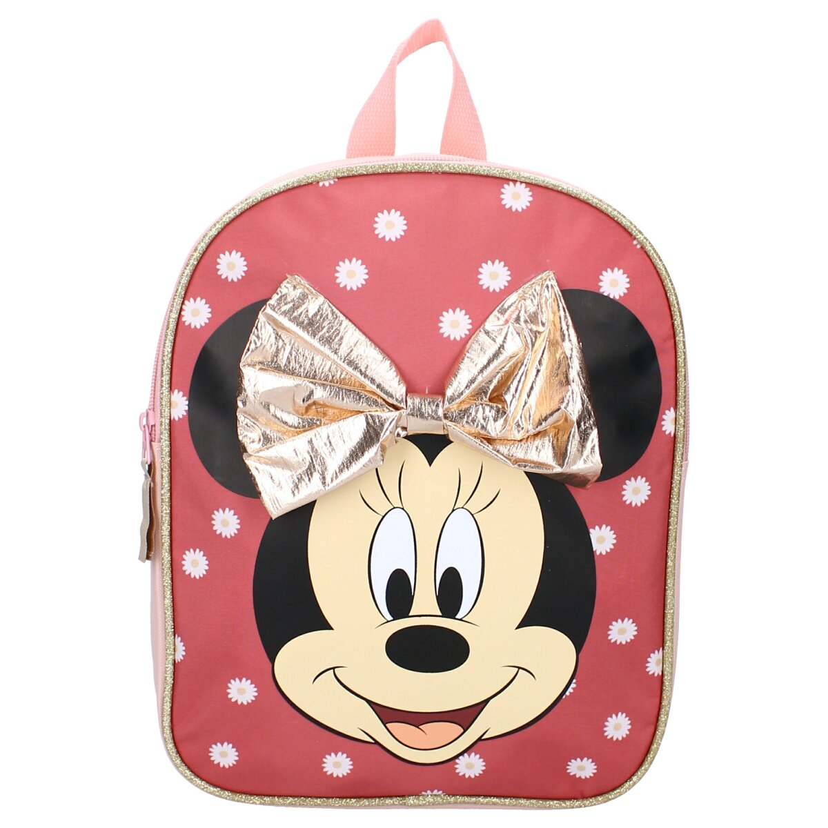 Minnie Mouse Rucksack mit Gänseblümchenmuster, goldener Schleife und rosa Akzenten.