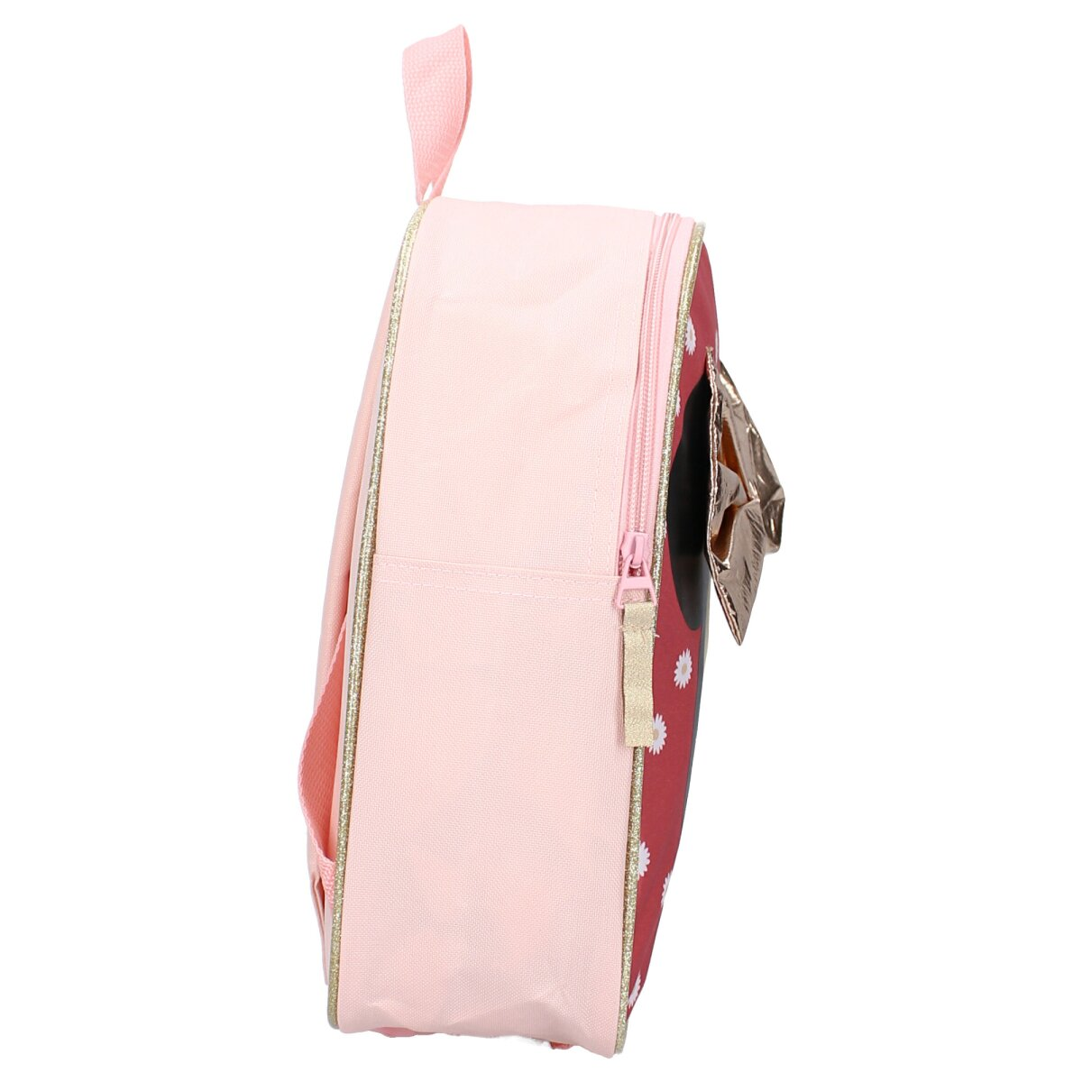 Rosa Minnie Maus Rucksack. Der Rucksack hat eine Schleife und weiße Details.