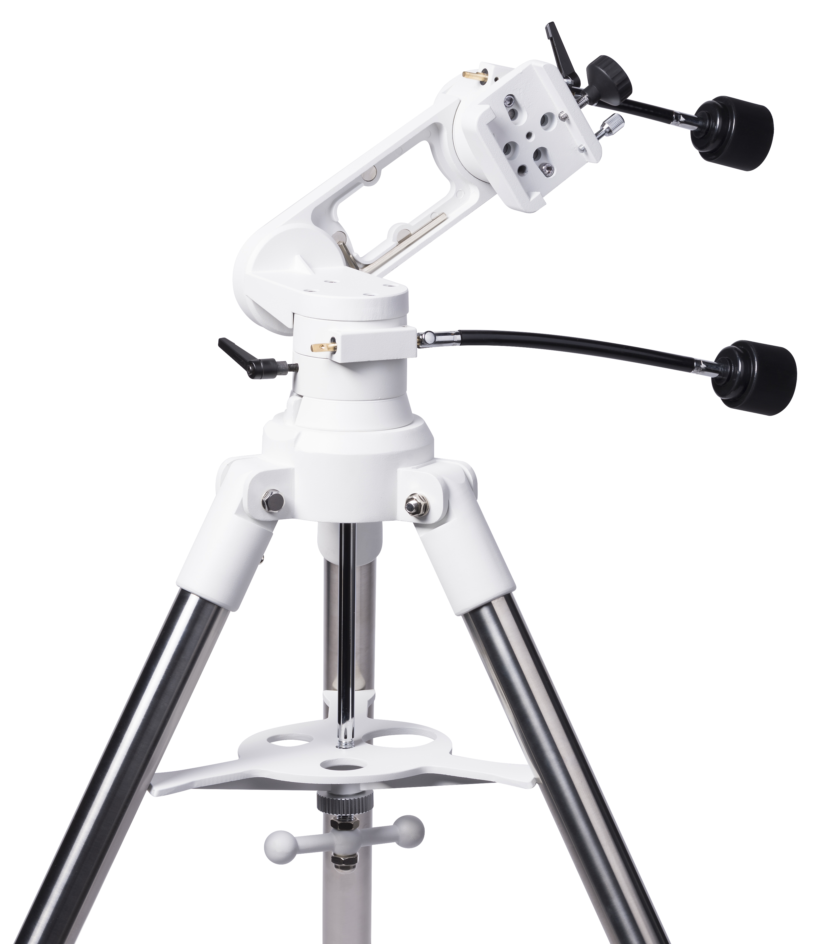 Montura de telescopio blanca sobre fondo blanco, con partes ajustables.