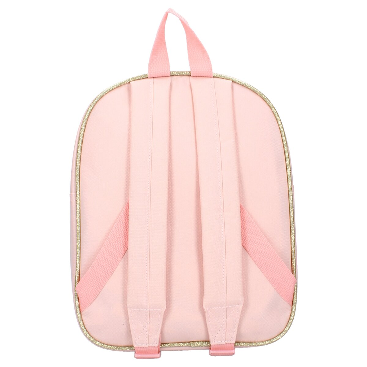 Ein rosa Rucksack mit goldenem Rand und goldenen Trägern und rosa Schultergurten. Rückansicht des Rucksacks.