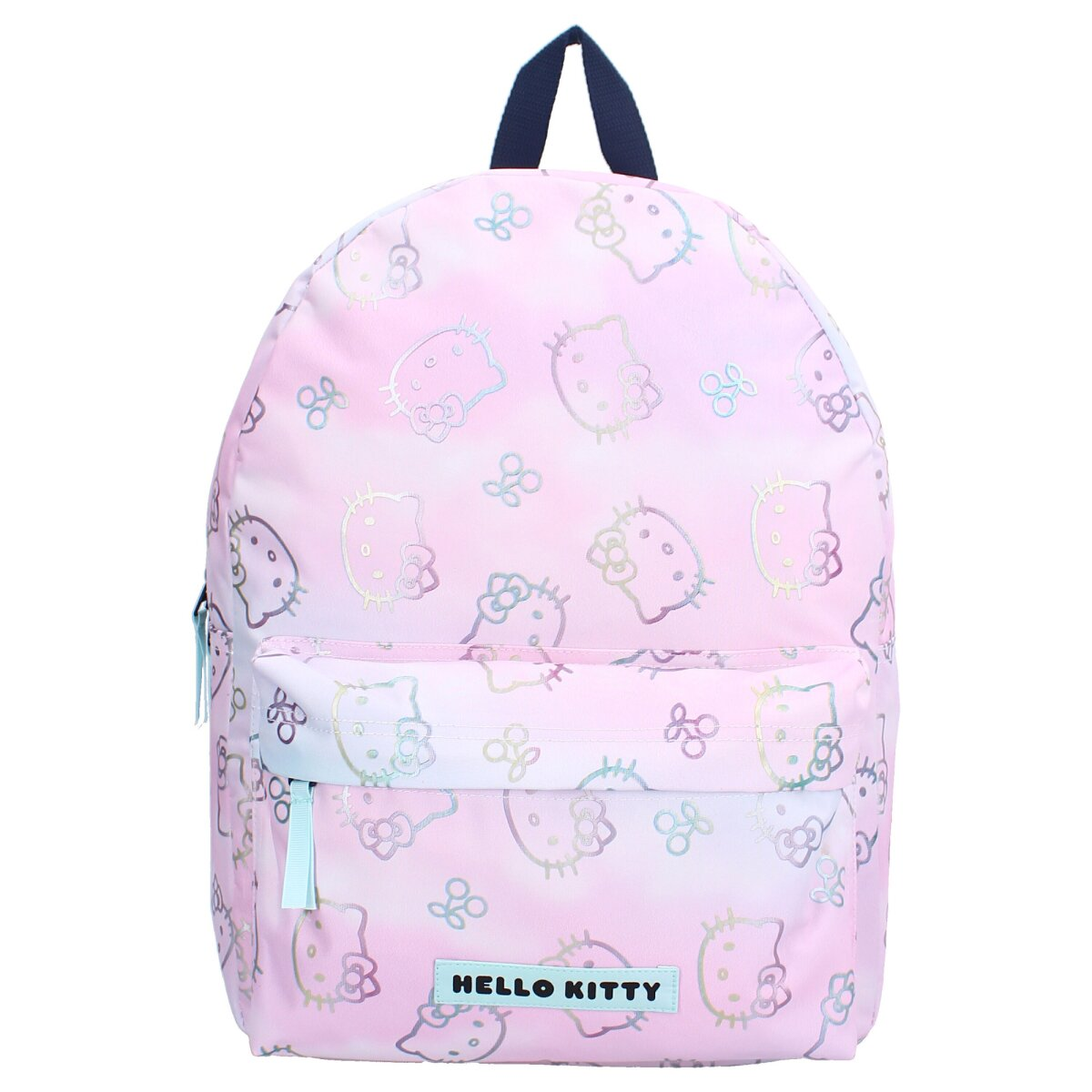 Ein pinkfarbener Hello Kitty Rucksack mit blauem Griff und Hello Kitty Logo. Er hat verschiedene Hello Kitty Designs.