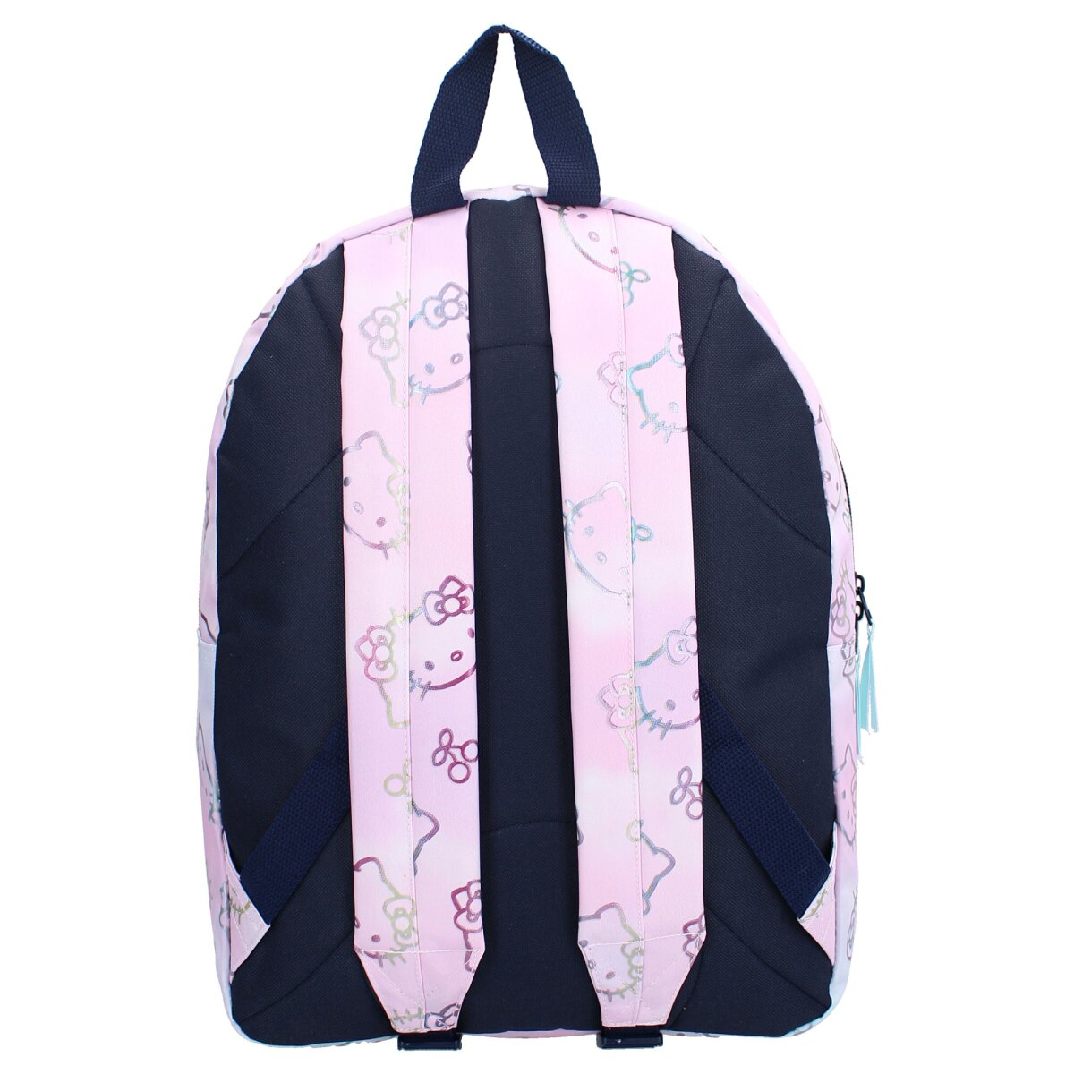 Rucksack mit Hello Kitty Design, rosa Farbe und blauen Trägern. Das Design hat Hello Kitty Bilder.