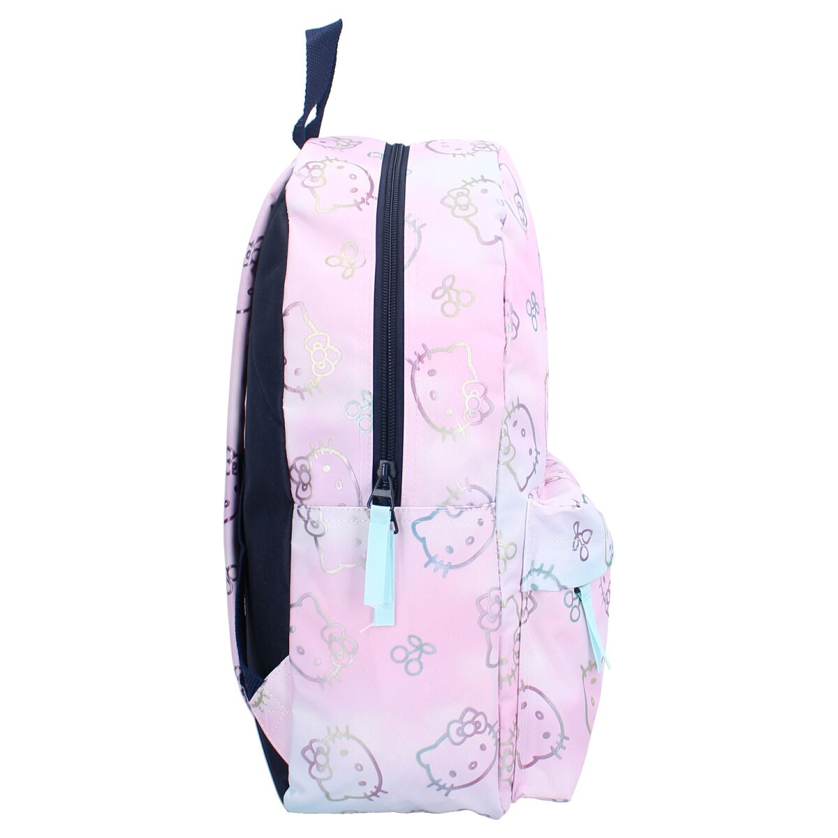 Rosa Hello Kitty Rucksack mit Reißverschluss. Mit Hello Kitty-Grafiken und einer Seitentasche.