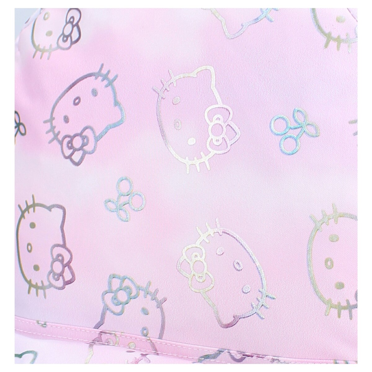 Rosa Stoff mit sich wiederholenden Hello Kitty Gesichtern und Schleifenmustern, holografischer Effekt.