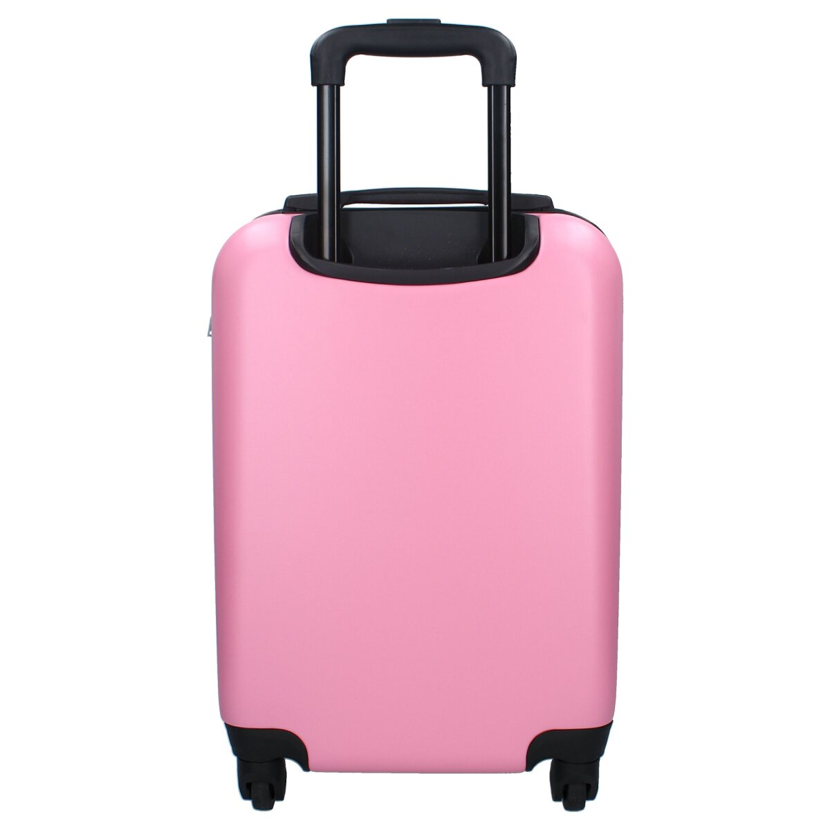 Ein pinkfarbener Rollkoffer mit schwarzem Griff und Rollen vor weißem Hintergrund.