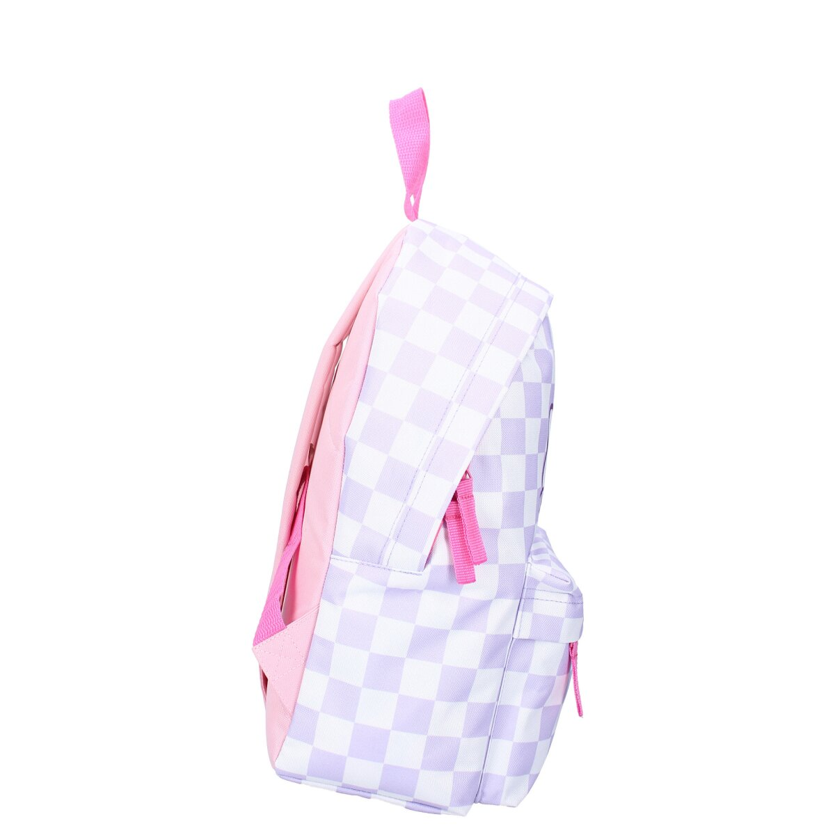 Karomuster-Rucksack in Rosa und Lavendel, hängt vor weißem Hintergrund.