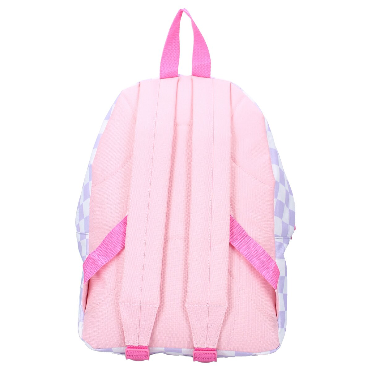 Rucksack mit rosa und lila Karomuster. Rosa Träger.