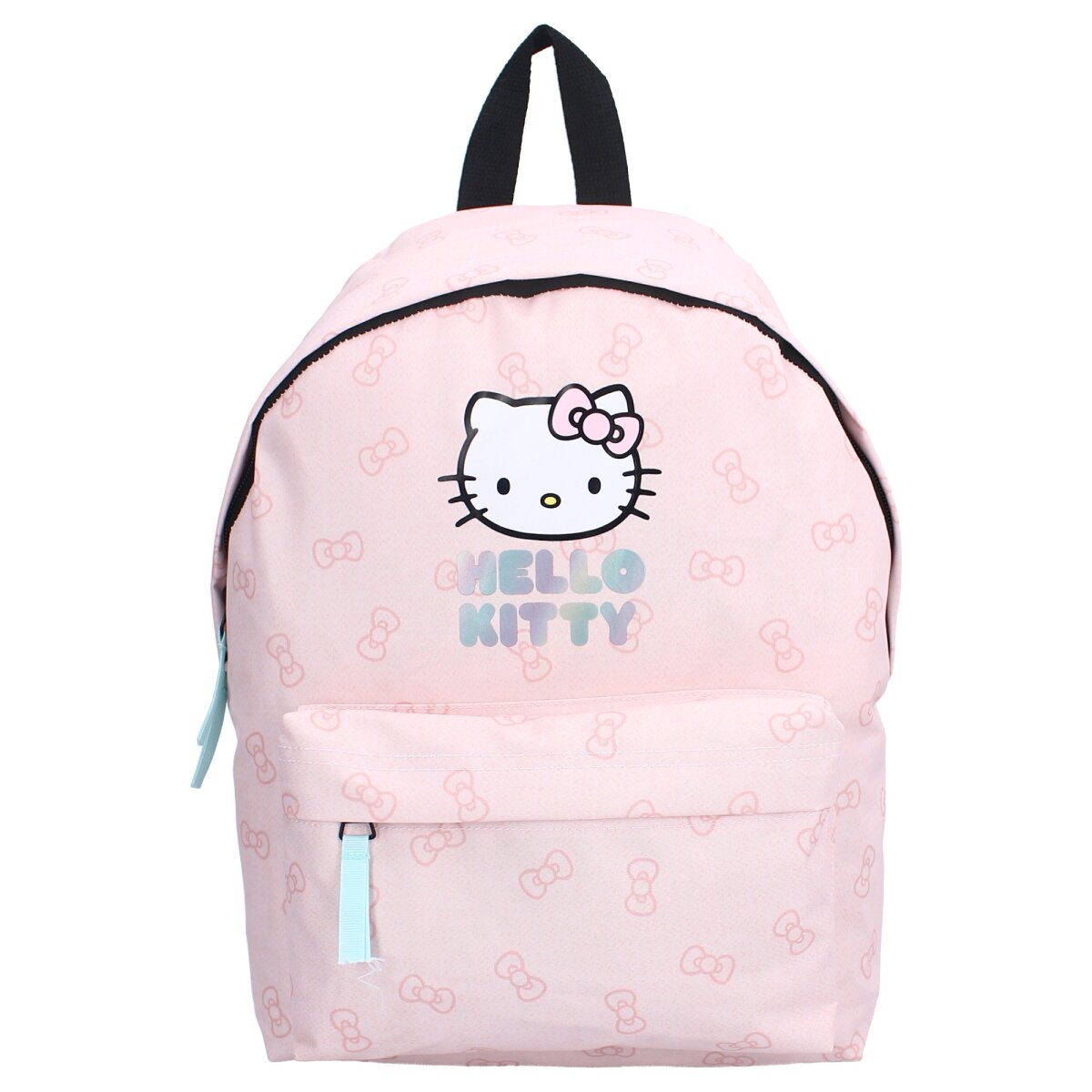 Rosa Hello Kitty Rucksack. Er hat eine Vordertasche und ein Hello Kitty-Gesicht auf der Vorderseite.