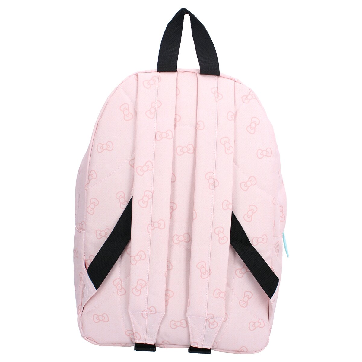 Rucksack mit rosa Schleifenmuster. Schwarze Träger und Griff. Rosa Hintergrund. Niedliches Design.