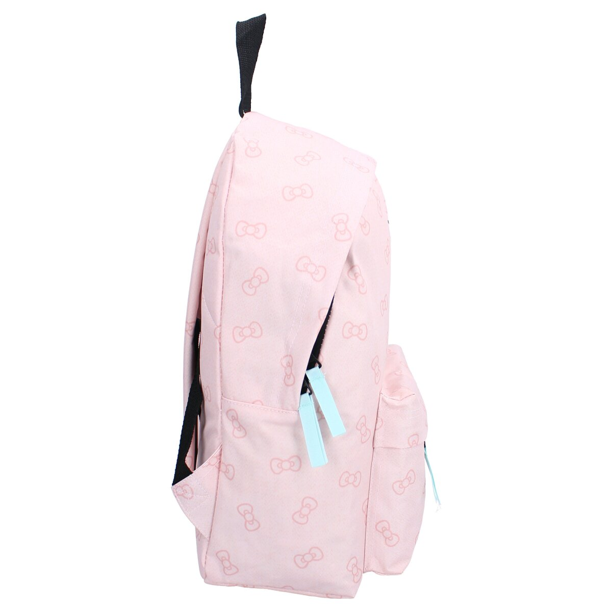 Rosa Rucksack mit Schleifenmuster und schwarzen Trägern, Seitenansicht.
