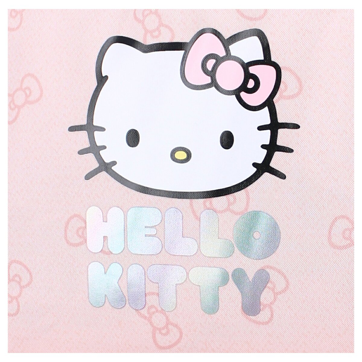 Nahaufnahme eines rosa Hello Kitty Rucksacks. Zeigt Hello Kittys Gesicht und die Worte 'Hello Kitty'.