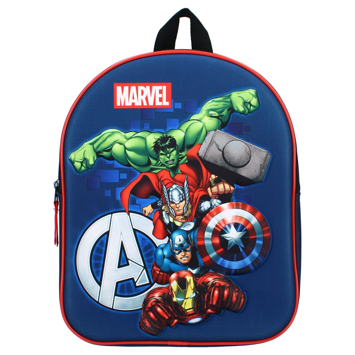 Ein blauer Marvel Avengers Rucksack mit verschiedenen Charakteren, darunter Hulk, Thor und Captain America.