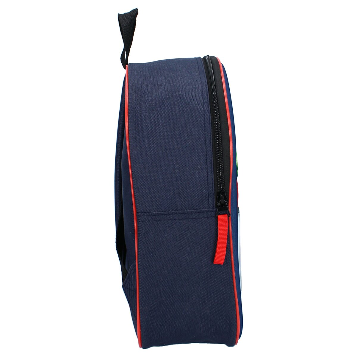 Marineblauer Rucksack, Seitenansicht. Roter Besatz um den Reißverschluss. Schwarzer Griff.