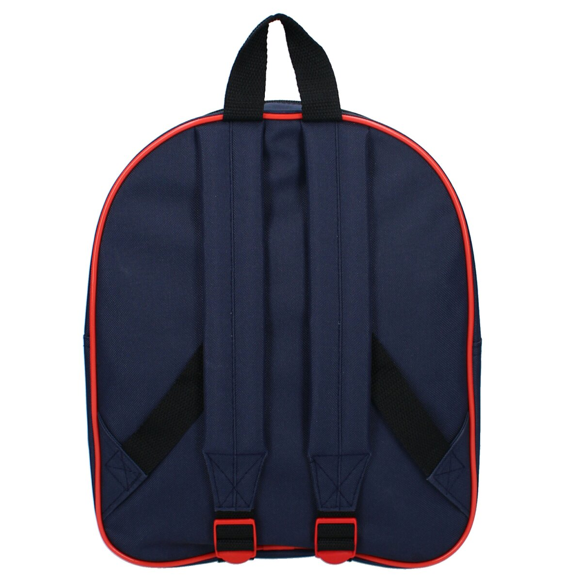 Marineblauer Rucksack mit schwarzen Riemen und rotem Rand.