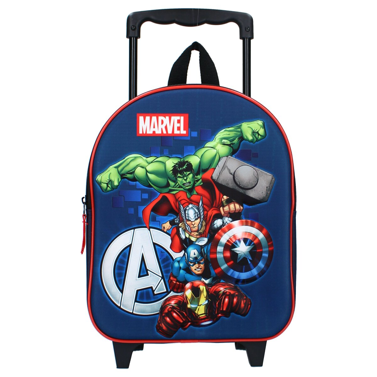 Rollender Rucksack mit Marvel Avengers-Charakteren. Blauer Hintergrund mit roter Umrandung. Hulk, Thor, Captain America, Iron Man.