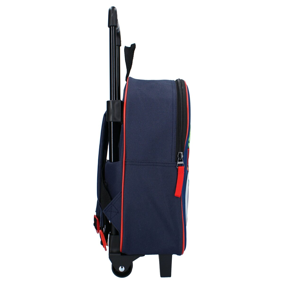 Marineblauer Rucksack mit Griff und Rädern. Es hat rote Akzente. Seitenansicht.