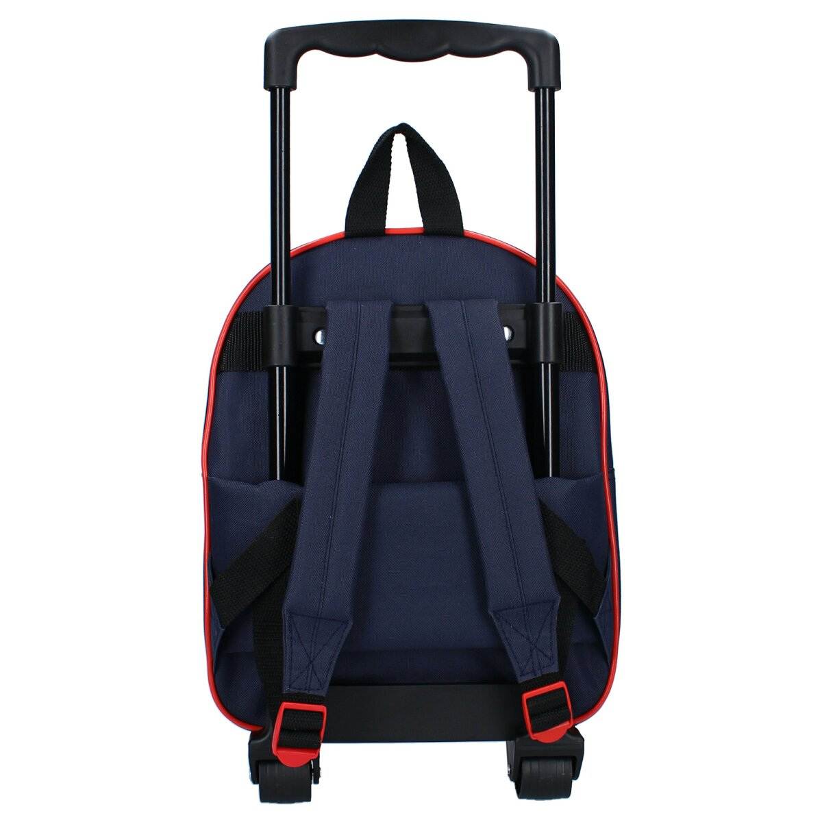 Marineblauer Rollrucksack mit roter Paspelierung, schwarzem Griff und Rädern.