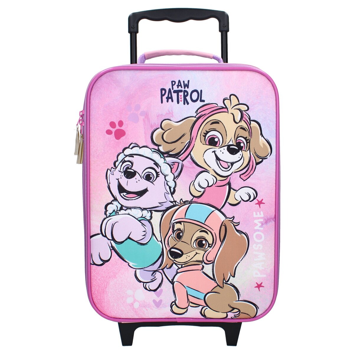 Rosa Paw Patrol-Koffer mit drei Zeichentrickhunden. Der Hintergrund ist ein rosa Aquarelleffekt.