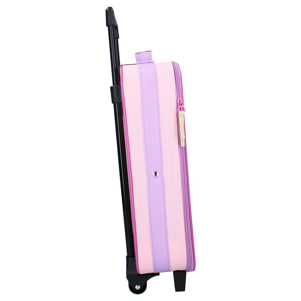 Ein rosa und lila Rollkoffer, von der Seite betrachtet, mit ausgezogenem Griff und sichtbaren Rädern.