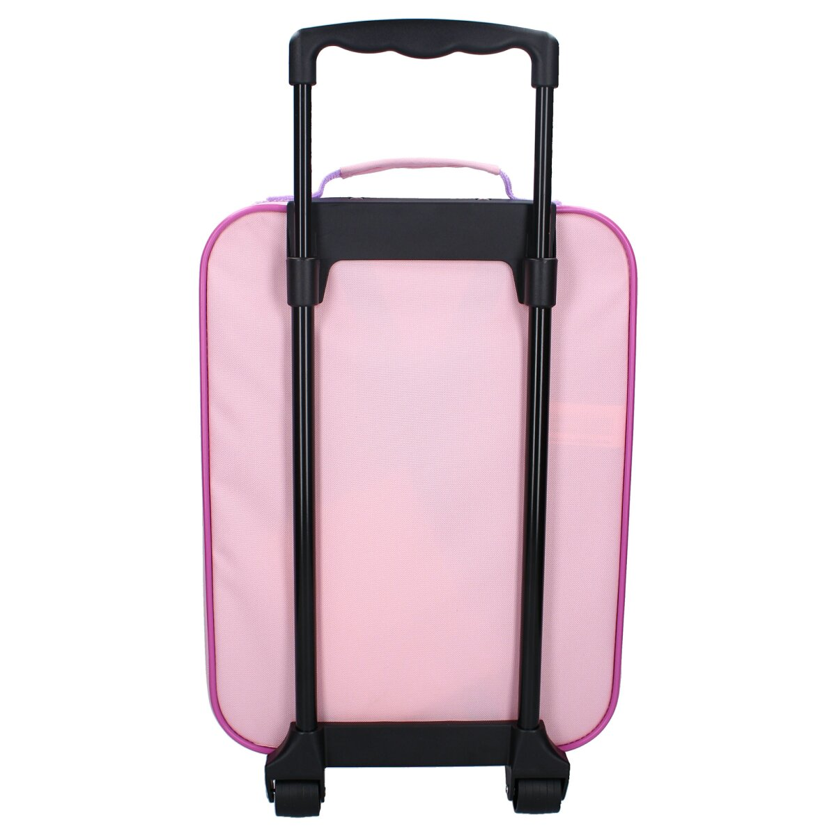 Rosa Rollkoffer mit lila Besatz und schwarzem Griff. Räder am Boden.