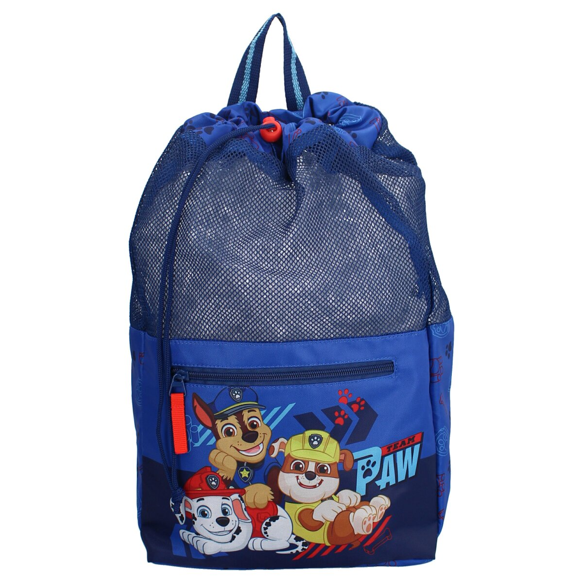 Blauer Paw Patrol-Kordelzugbeutel mit Mesh-Oberteil, mit Zeichentrickfiguren.