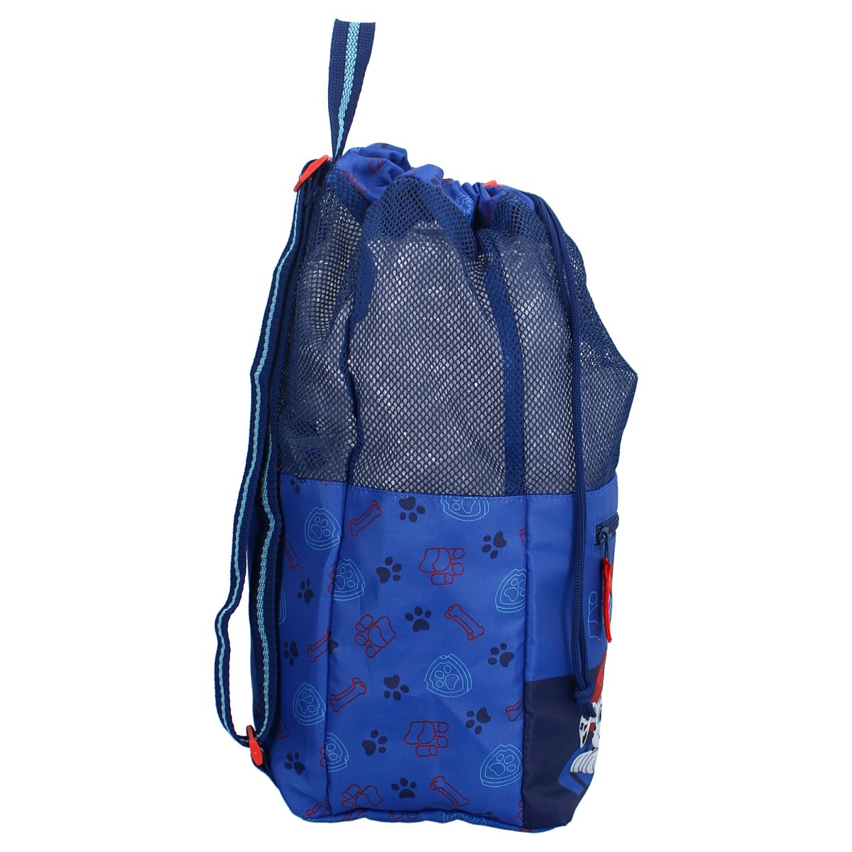 Blauer Paw Patrol Rucksack mit Netztasche. Rote und blaue Details, Paw Patrol Logo sichtbar.