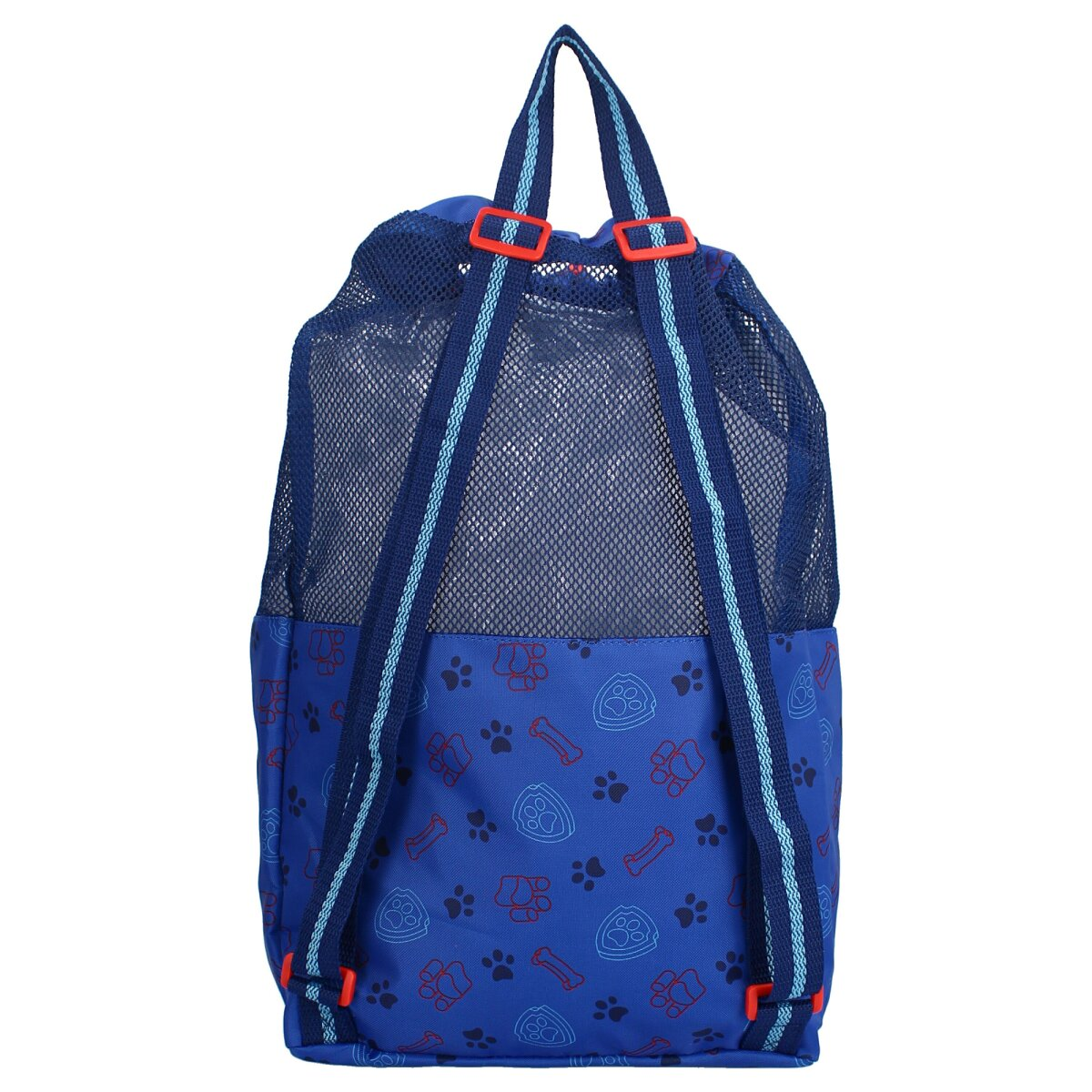 Blauer Rucksack mit Paw Patrol-Design. Mit Mesh-Front, blauen Trägern und roten Akzenten.