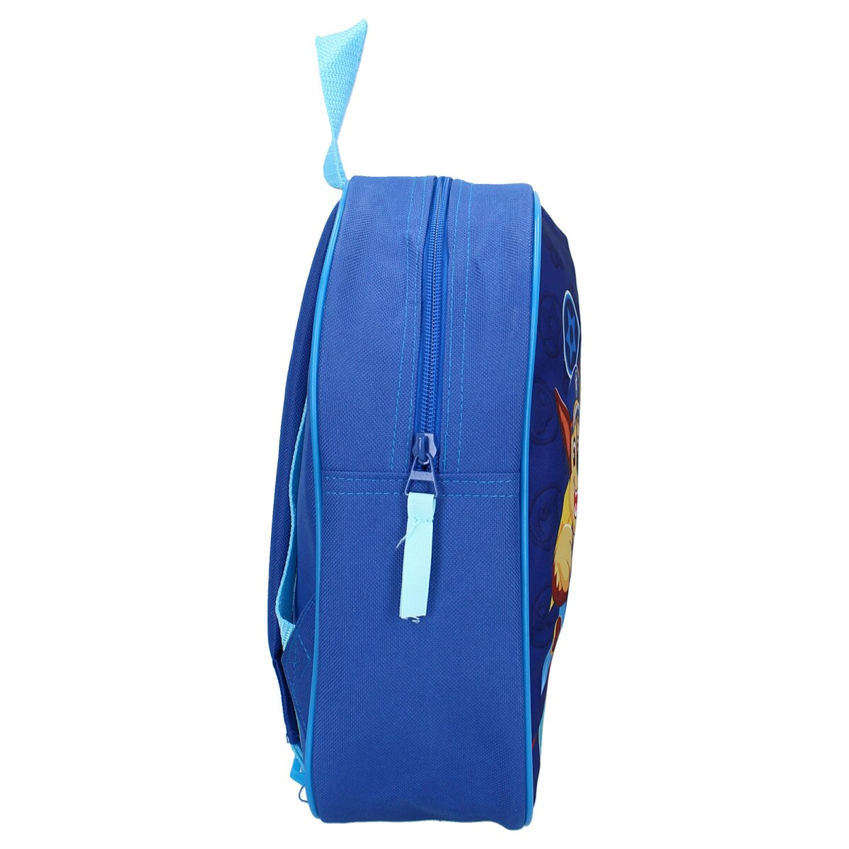 Blaue Rucksack-Seitenansicht. Reißverschluss und Griff. Cartoon-Figur an der Seite.