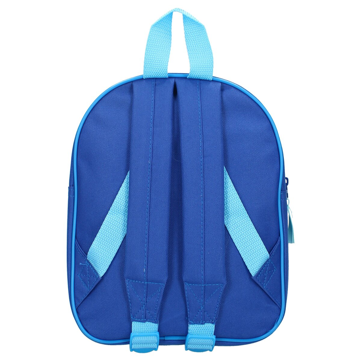 Blauer Rucksack mit hellblauen Trägern und Griff. Mit Reißverschluss und hellblauer Paspelierung.