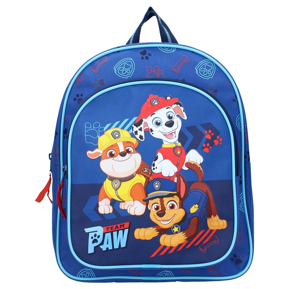 Blauer Paw Patrol Rucksack mit drei Cartoon-Hunden: Rubble, Marshall und Chase.