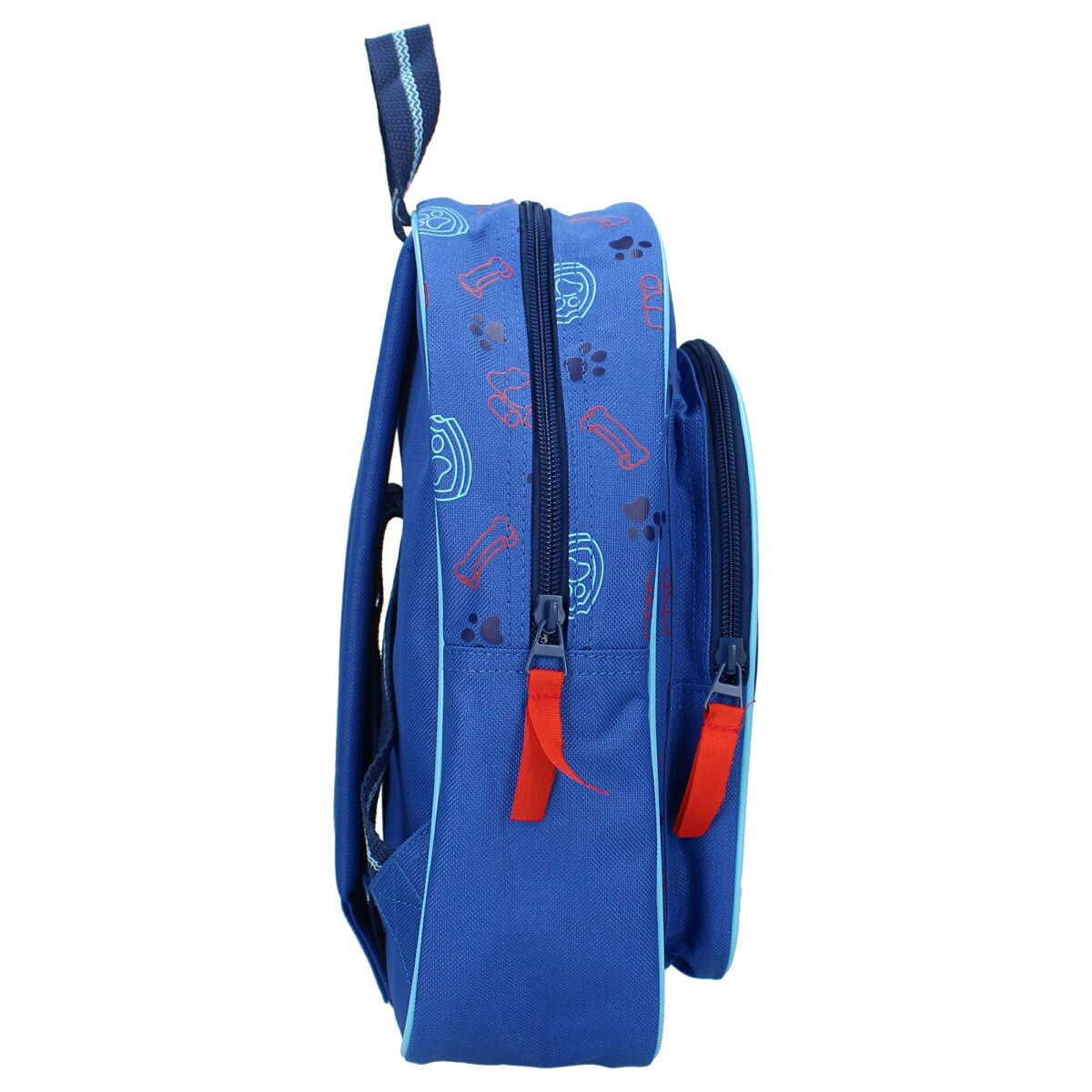 Blauer Rucksack mit Pfotenabdruck-Design und roten Reißverschlüssen, Seitenansicht.