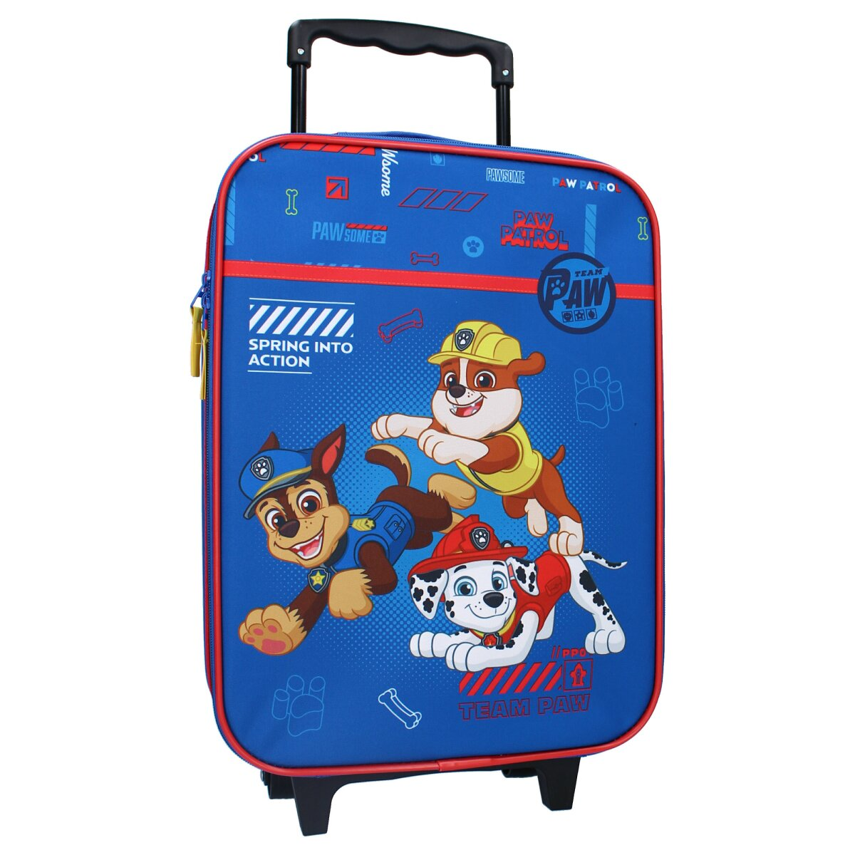 Blauer Paw Patrol Rollkoffer. Mit Chase, Marshall und Rubble. Rote und blaue Akzente.