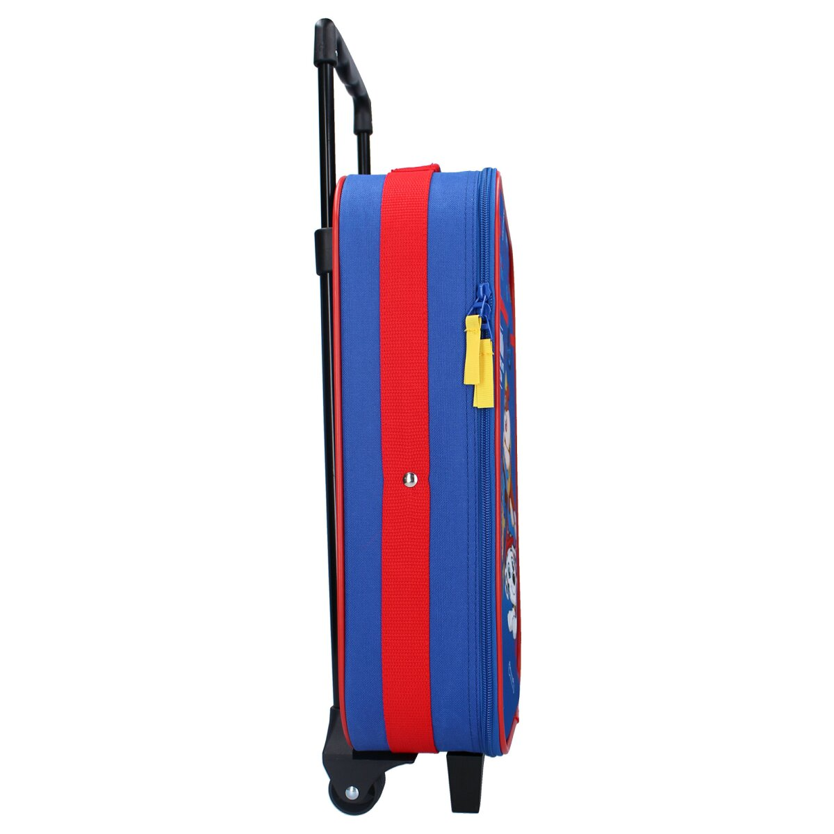 Blau-rot gestreifter Kinder-Reisekoffer mit Rollen und Griff.