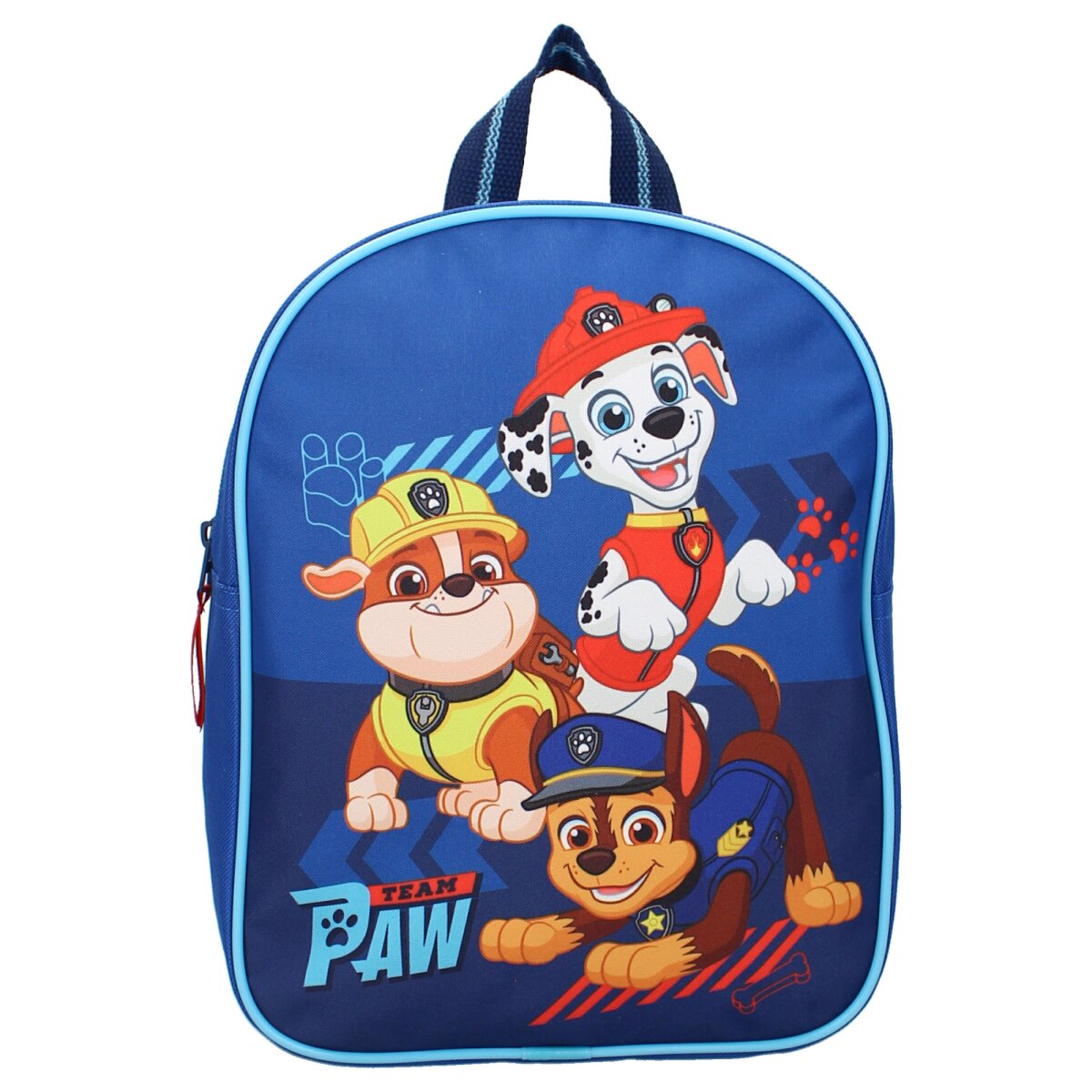 Blauer Rucksack mit Paw Patrol-Charakteren. Text: Team Pfote. Weißer Hintergrund.