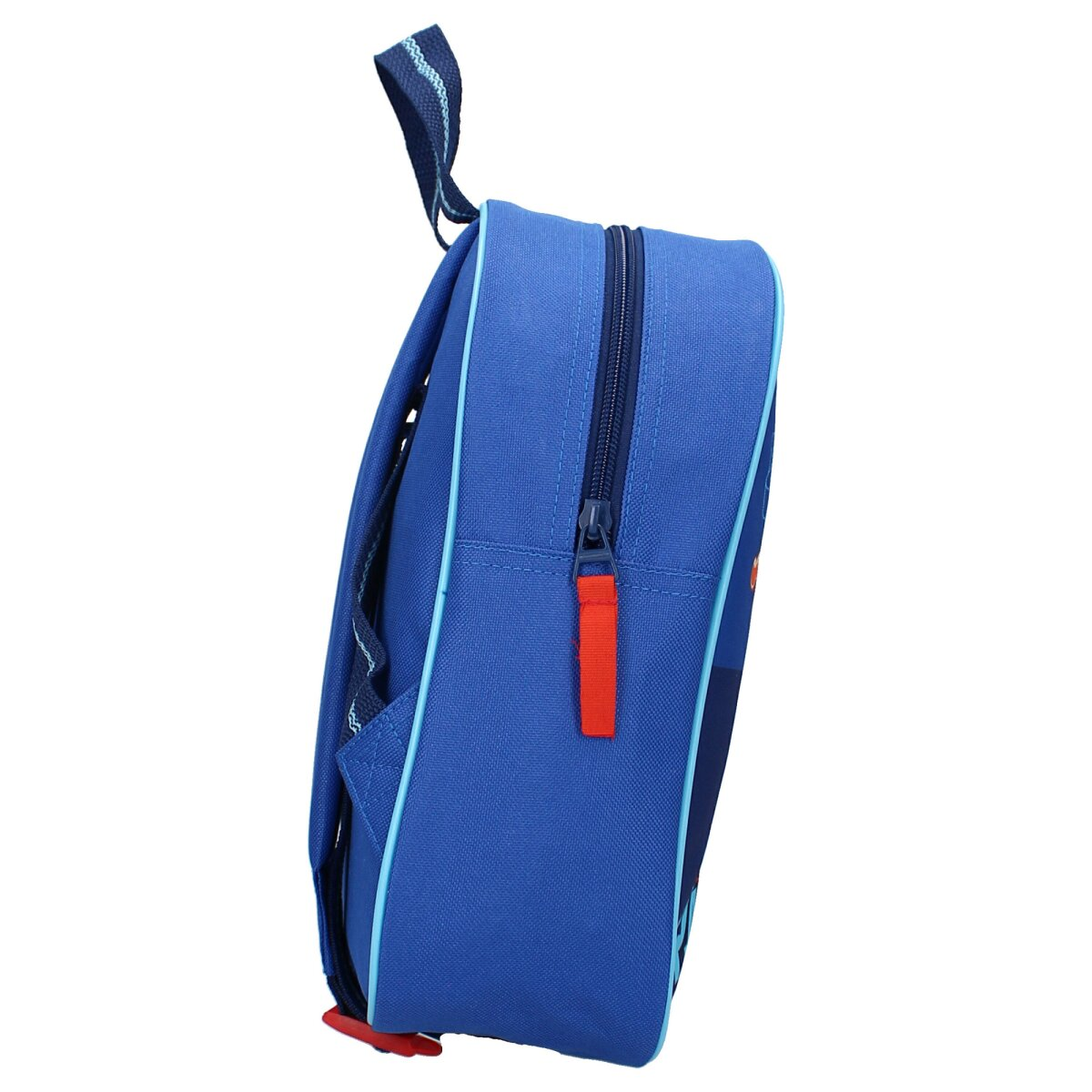 Blauer Rucksack mit Reißverschluss und Griff. Roter Zuglasche. Hellblaue Verkleidung.