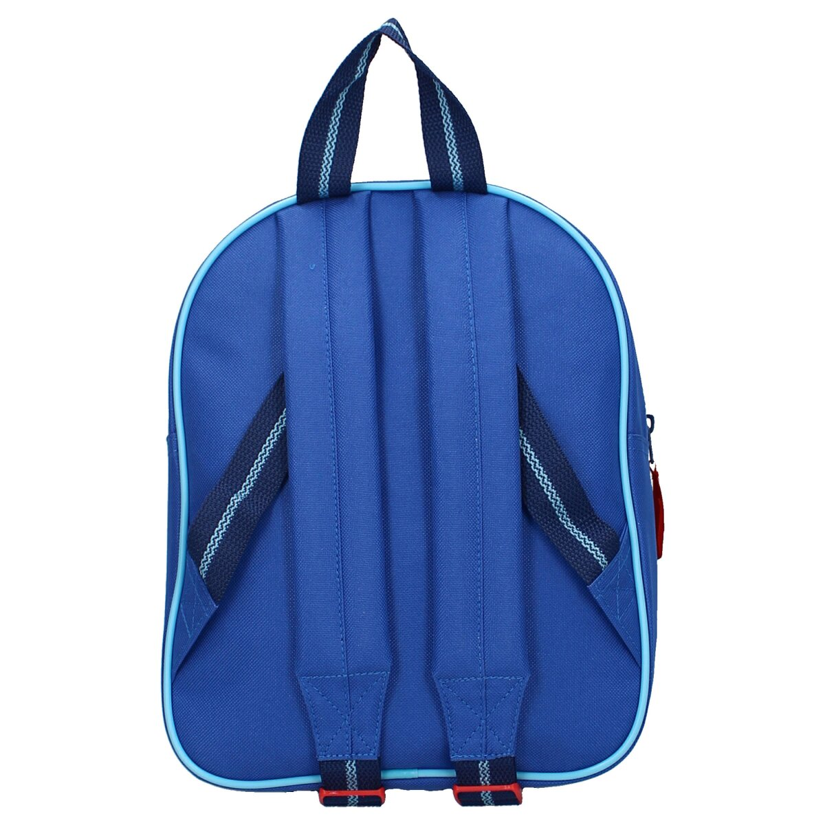 Ein blauer Rucksack, Rückansicht, mit blauen Trägern und einem Griff, auf weißem Hintergrund.