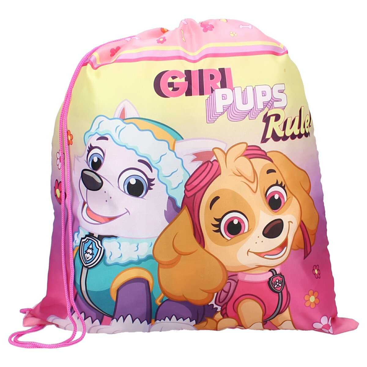 Kordelzugbeutel mit zwei Paw Patrol Welpen, Skye und Everest, vorne.