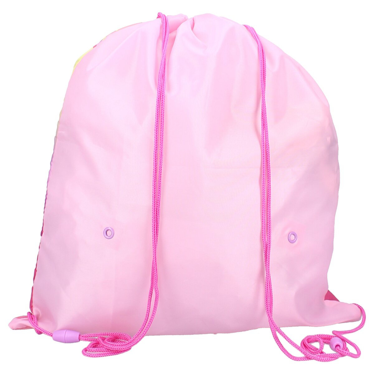 Rosa Kordelzugbeutel, mit rosa Kordel. Die Tasche ist hellrosa, mit einigen Farben.