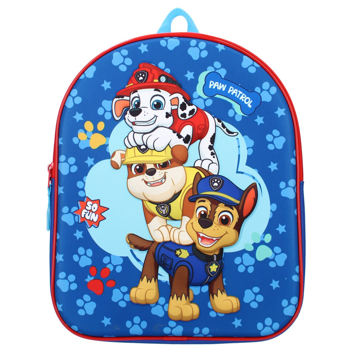 Blauer Paw Patrol Rucksack mit Cartoon-Figuren. Paw Patrol Logo sichtbar.