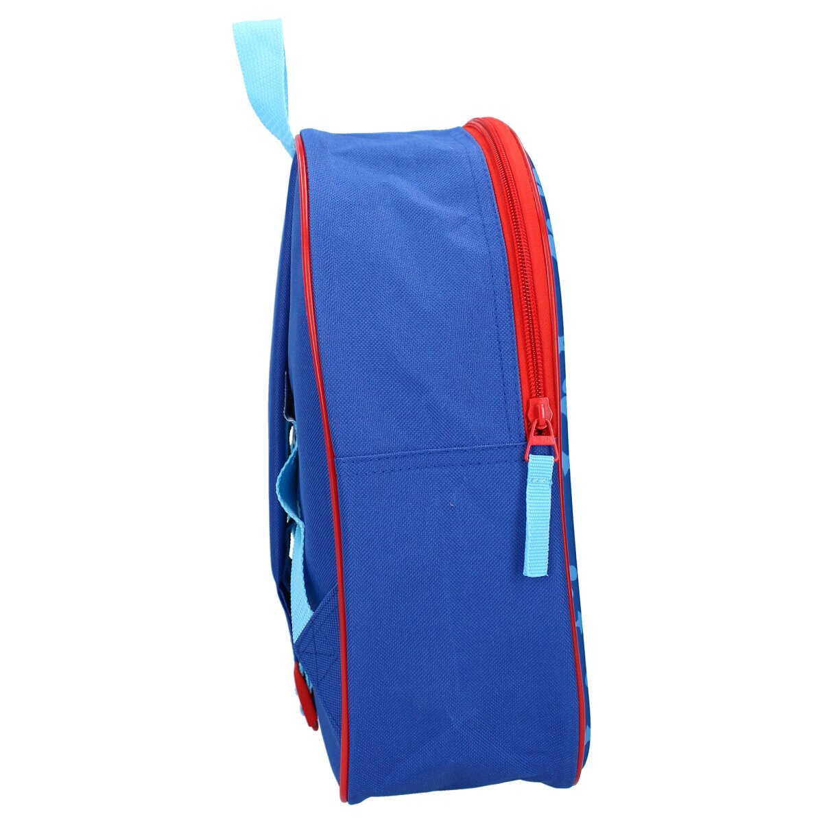 Blauer Rucksack mit rotem Reißverschluss, Seitenansicht, blauer Griff.