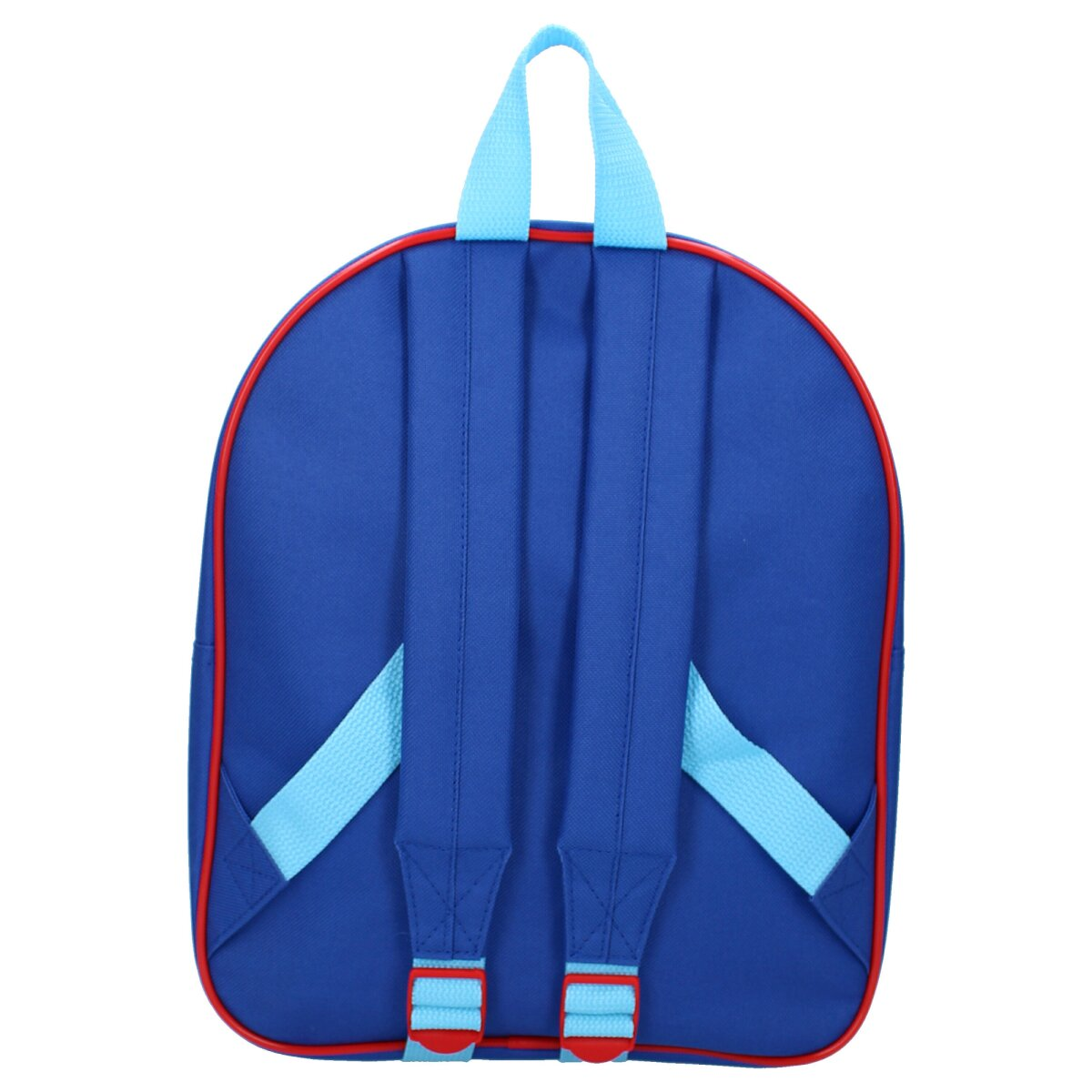 Blauer Rucksack mit roter Einfassung, hellblaue Träger, Rückansicht.